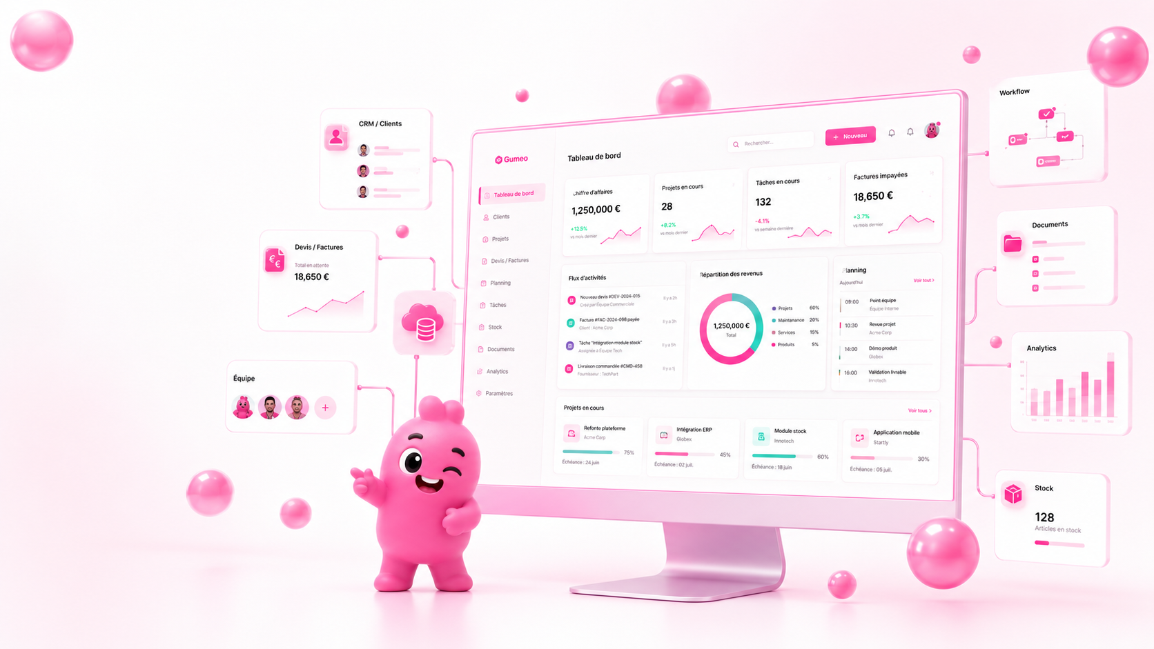 Interface d’un ERP sur mesure entourée de ses modules de gestion.
