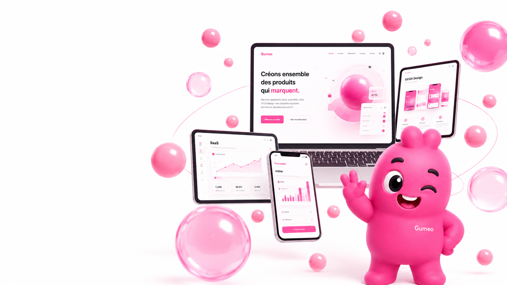 Écosystème Gumeo clair aux accents roses avec ordinateur portable, smartphone, tablettes et mascotte.
