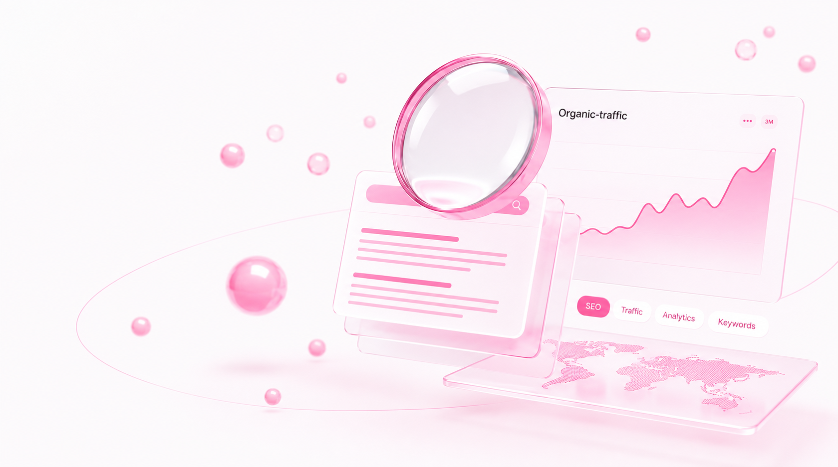 Loupe et interface SEO avec courbe ascendante dans un univers clair aux accents roses.